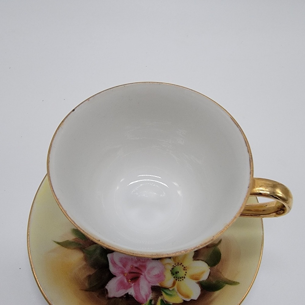 Vtg Enesco Floral Pedestal Cup & Saucer Set Gold Trim Accents Hand Painted E1432 - Picture 9 of 13